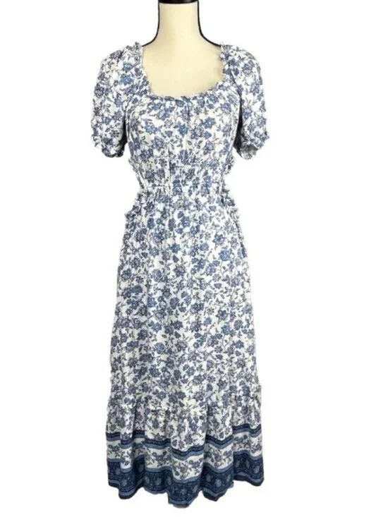 Anthropologie By The River Midi Dress Blue Floral Cutout Ruffle Tiered Cottage L - Picture 2 of 16
